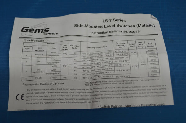 Gems Sensors 162795 LS-7 Series Side Mounted Liquid Level Sensor Switch NIB  NSN:6680-01-533-4267