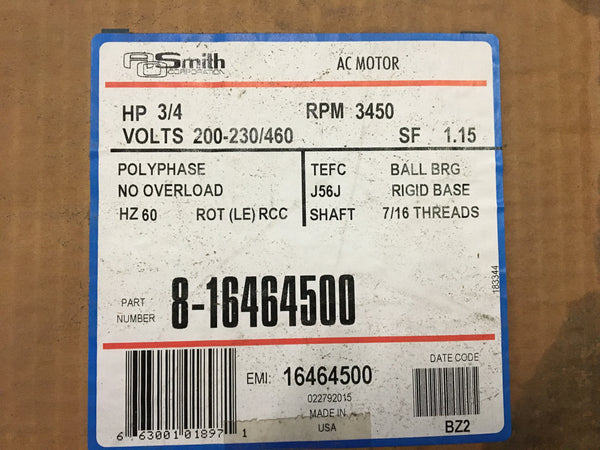 NEW!!! A.O. Smith 3/4HP AC Motor, 200-230/460V, 3PH, 3450RPM,TEFC P/N:8-16464500NSN: 6105-00-439-8264