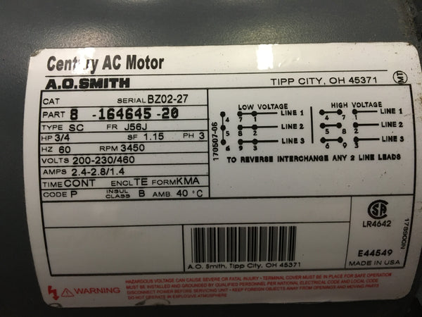 NEW!!! A.O. Smith 3/4HP AC Motor, 200-230/460V, 3PH, 3450RPM,TEFC P/N:8-16464500NSN: 6105-00-439-8264