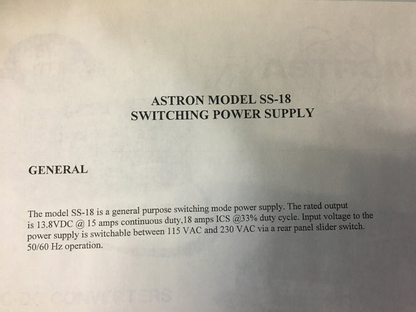 Astron SS-18 18 Amp Switching Power Supply 15 Amp Continuous 18 Amp ICS 13.8 VDC NSN:6130-01-399-3657